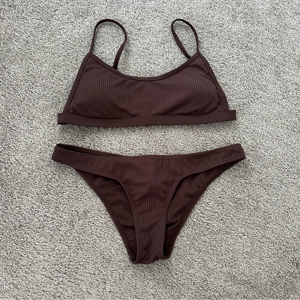 Brown Ribbed Bikini Set